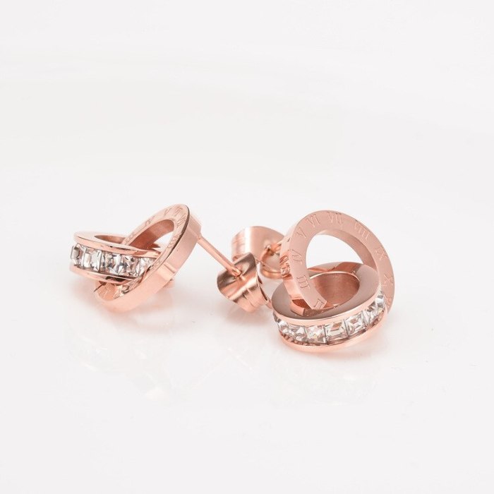 E113 Korean Style Flash Small Square Diamond Roman Digital Double Ring Stud Earrings Fashion Titanium Steel Rose Gold Earrings