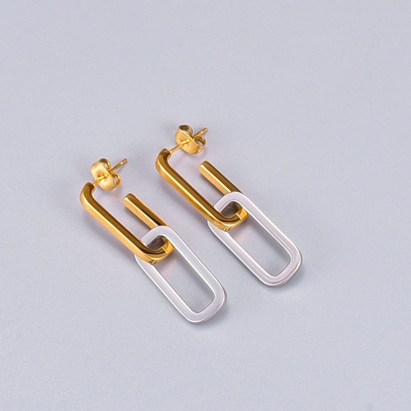 E123ab Chain Asymmetrical Array Oval Small Square Ring Silver Gold Cold Stud Earrings Titanium Steel Plated 18K