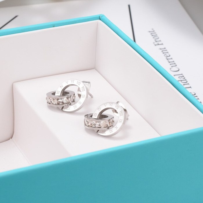E113 Korean Style Flash Small Square Diamond Roman Digital Double Ring Stud Earrings Fashion Titanium Steel Rose Gold Earrings