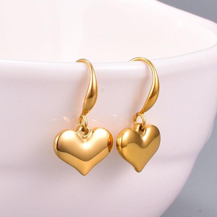 E136 Wholesale Japanese Lovely Heart-Shaped Simple Glossy Peach Heart Solid Ear Hook Earrings Titanium Steel Plated 18 Gold