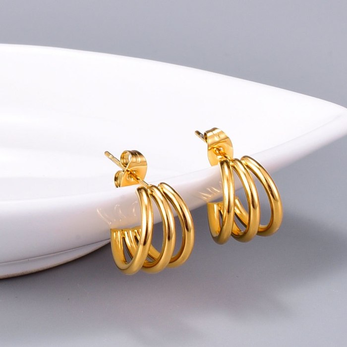 E85 Wholesale French Line Three Line Curved Petite Earrings Earrings Titanium Steel 18K Gold Plating