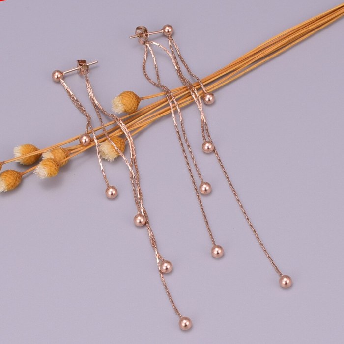 E45 Japanese and Korean Temperamental Knot Chain Multi-Steel Ball Rose Gold Tassel Ear Studs Long Beads Earrings Jewelry