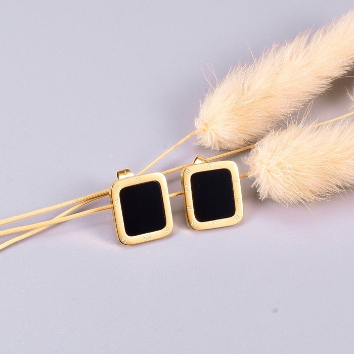 E76 Wholesale Rectangular Roman Digital Stud Earrings Black Square Golden Edge Stud Earrings Elegant Earrings