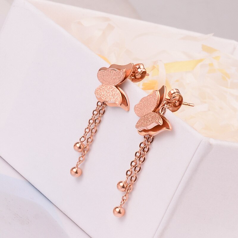E115 One Style for Dual-Wear Frosted Butterfly Double Tassel Titanium Steel Earrings Back Hanging Simple Rose Gold Ear Rings