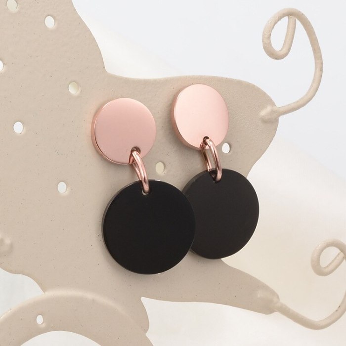 E85 Korean round Black Rose Gold Earrings Long round Earrings Personality Simple Retro Drop Earrings