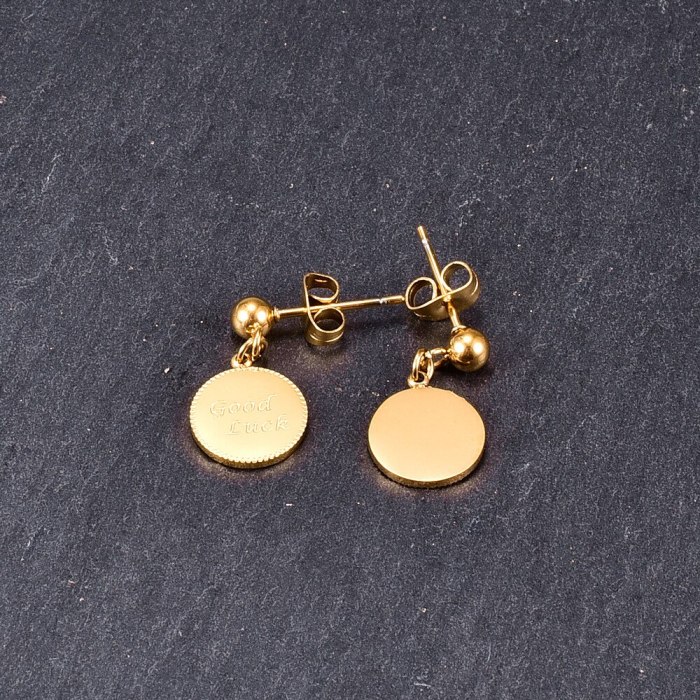 E119 Wholesale Mini Luck Letter Brand Small Golden Beads Stud Earrings Student Titanium Steel 18K Gold Plating