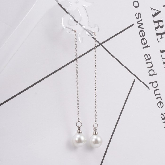 E23 Wholesale Korean Long Line Pearl Tassel Earrings Hanging Earrings 18K Titanium Steel Jewelry
