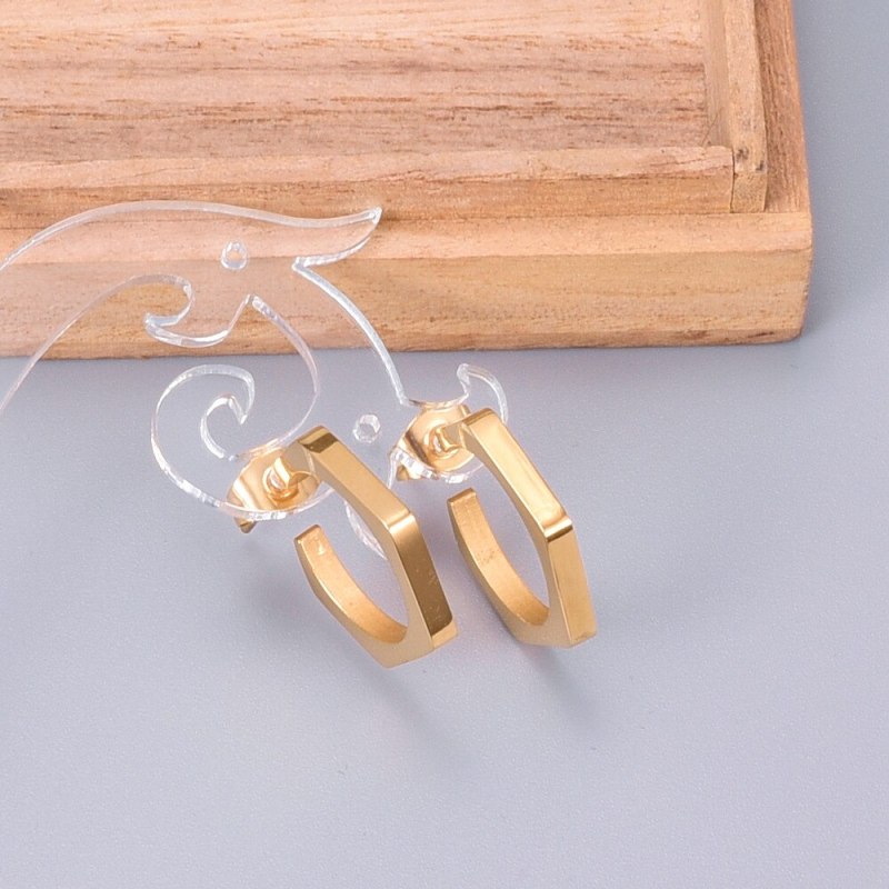 E134 Geometric Style Ins Hexagon Nut Stud Earrings Small Ear Ring Earrings Titanium Steel 18K Gold Plating