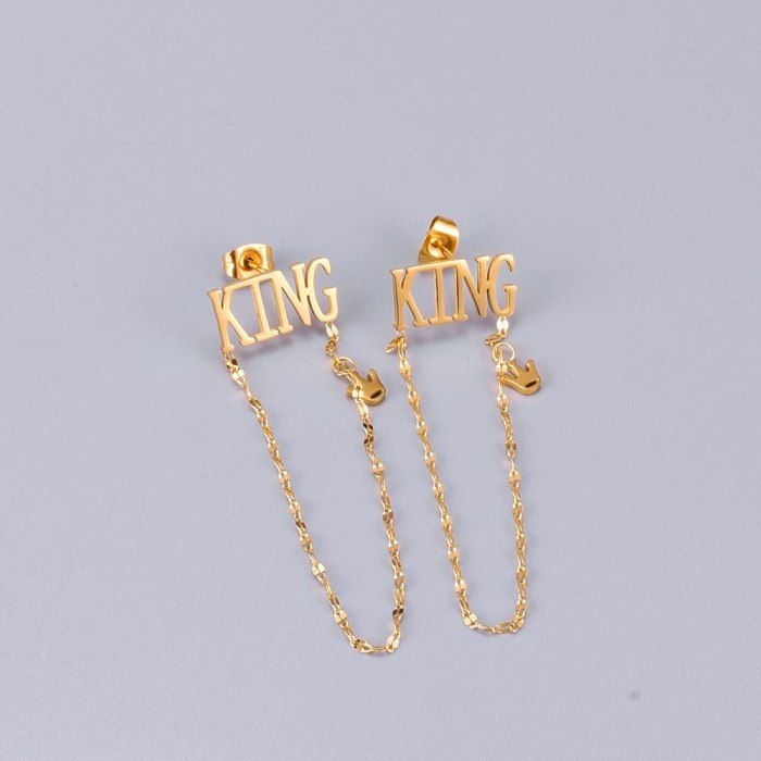 E02European and American Fashion KING Letters Small Crown Star Chain Tassel Chain Stud Earrings Titanium Steel 18K Gold Plating