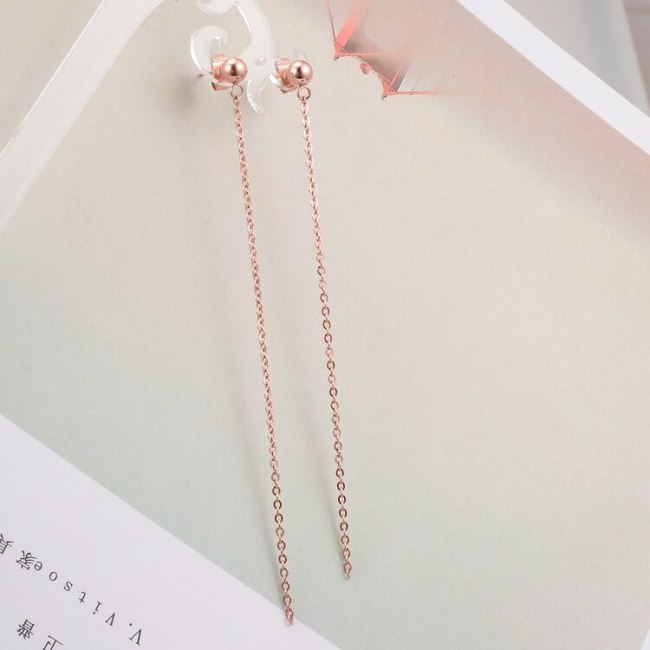 E60 Simple Small Ball Chain Tassel Long Rose Gold Fashion Stud Earrings Titanium Steel Ornament