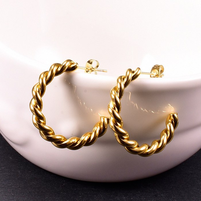 E119 18K Gold Plating Twist Wave European and American Style Metal Hollow Ins Hoop Earrings Retro Stud Earrings Ear Ring