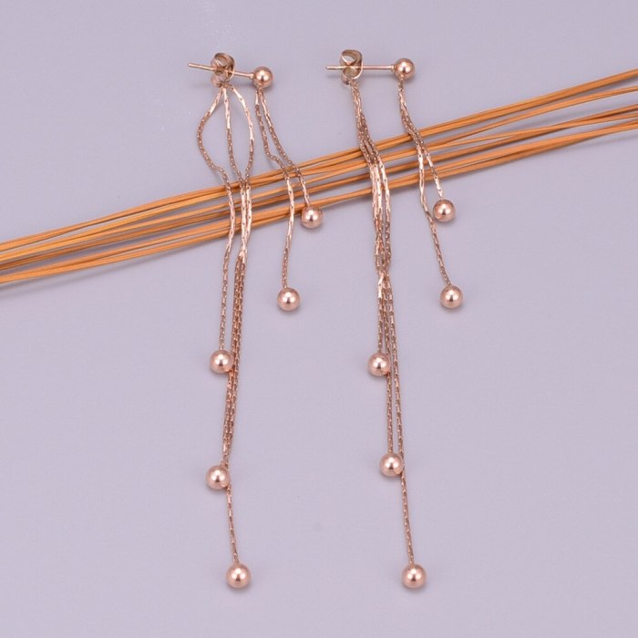 E45 Japanese and Korean Temperamental Knot Chain Multi-Steel Ball Rose Gold Tassel Ear Studs Long Beads Earrings Jewelry