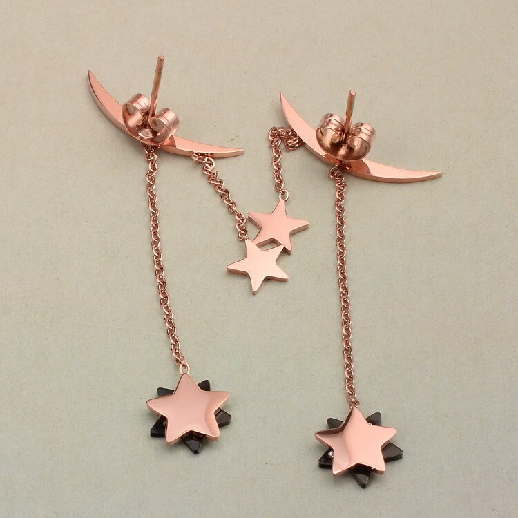 E20 Wholesale Fashion Moon Hanging Star Tassel Earrings Titanium Steel 18K Rose Gold Stud Earrings Fashion Ornament