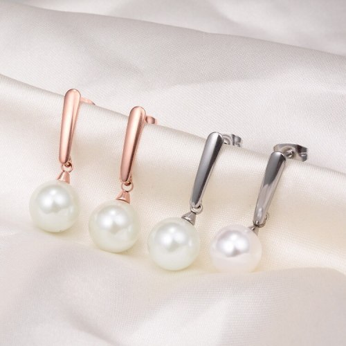 E44 Korean Style Sweet Long Pearl Stud Earrings Female Titanium Steel 18K Rose Gold Fashion Earrings Earring Ornament