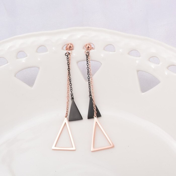 E83 New Style Style Steel Ball Hanging Black Triangle Hollow Triangle Long Stud Earrings Women's Titanium Steel Rose Gold