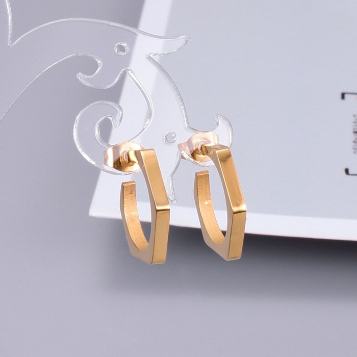 E134 Geometric Style Ins Hexagon Nut Stud Earrings Small Ear Ring Earrings Titanium Steel 18K Gold Plating