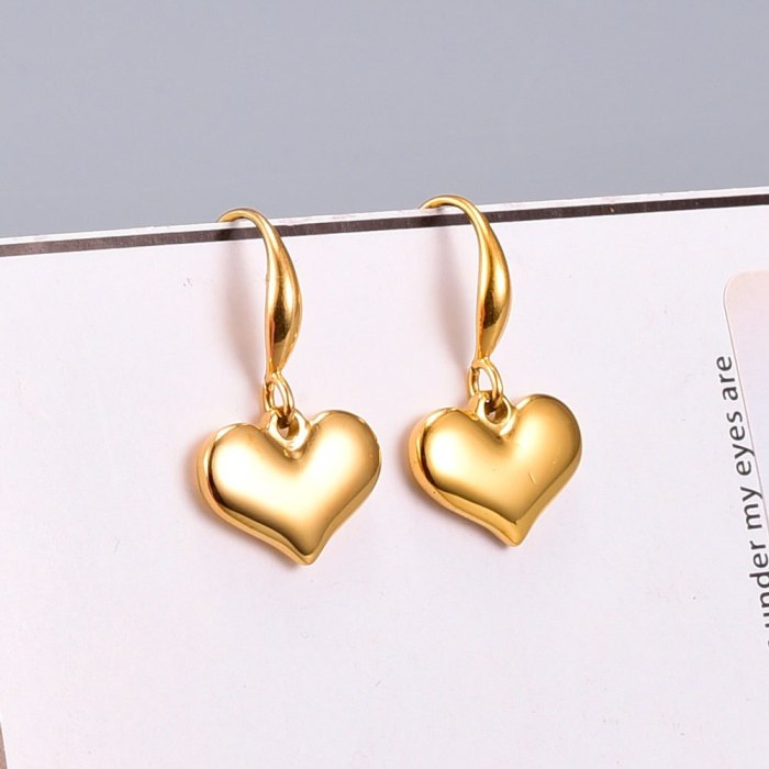 E136 Wholesale Japanese Lovely Heart-Shaped Simple Glossy Peach Heart Solid Ear Hook Earrings Titanium Steel Plated 18 Gold