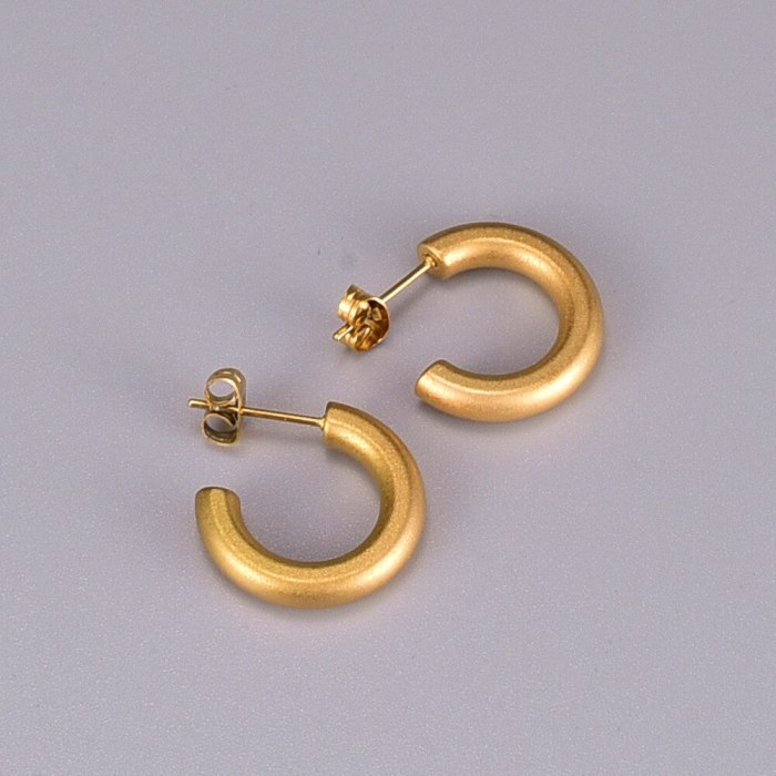 E59 Vintage Sandblast C- Shaped Earrings Titanium Steel Earrings Cold Wind Exaggerated Earrings 18K Gold Ear-Ring Clip Elf Women