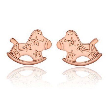 E88 Korean Style Small Wooden Horse Stud Earrings Titanium Steel Plated K Rose Gold Titanium Steel Earrings Korean Earrings