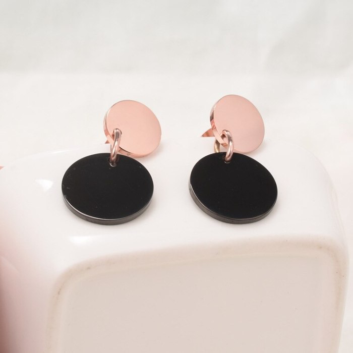 E85 Korean round Black Rose Gold Earrings Long round Earrings Personality Simple Retro Drop Earrings