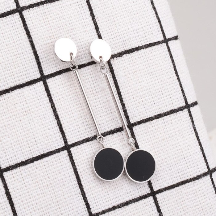 E16 Metal Disc Steel Wire Link Black Disc Tassel Stud Earrings Long Earrings Titanium Steel Plated 18K Rose