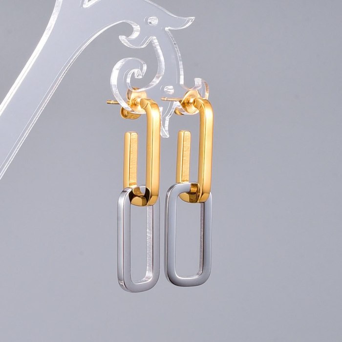E123ab Chain Asymmetrical Array Oval Small Square Ring Silver Gold Cold Stud Earrings Titanium Steel Plated 18K