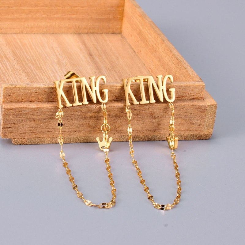 E02European and American Fashion KING Letters Small Crown Star Chain Tassel Chain Stud Earrings Titanium Steel 18K Gold Plating