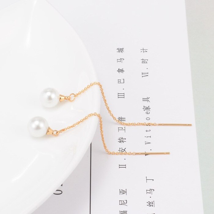 E23 Wholesale Korean Long Line Pearl Tassel Earrings Hanging Earrings 18K Titanium Steel Jewelry