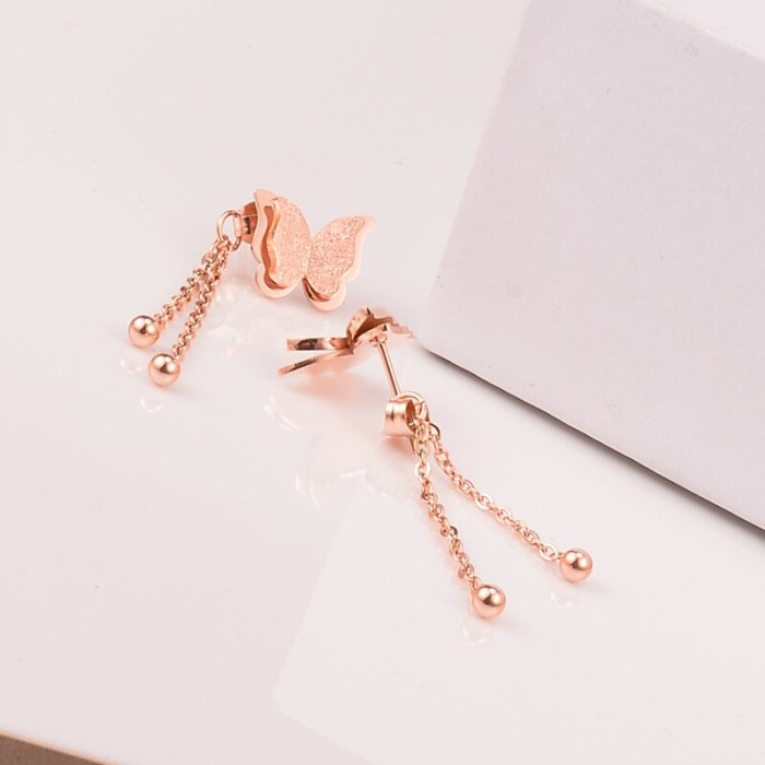 E115 One Style for Dual-Wear Frosted Butterfly Double Tassel Titanium Steel Earrings Back Hanging Simple Rose Gold Ear Rings
