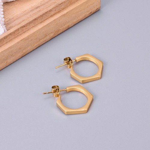 E134 Geometric Style Ins Hexagon Nut Stud Earrings Small Ear Ring Earrings Titanium Steel 18K Gold Plating