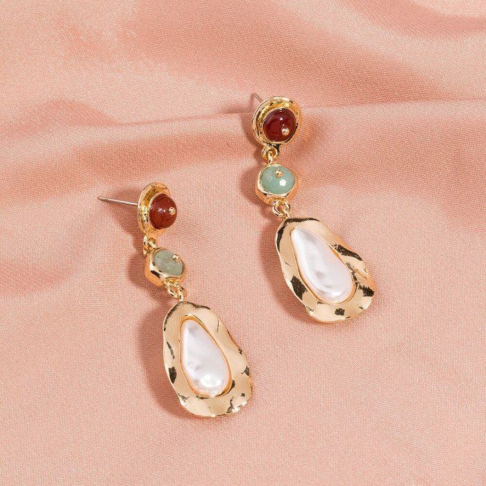 European and American Retro and Fashion All-Matching Earrings Design Contrast Color Long Water Drop Agate Women's Earrings