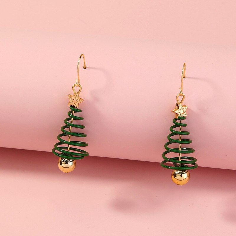 Europe and America Cross Border Hot-Selling Ornament Green Spiral Christmas Tree Fashion Personality Earrings Holiday Gift