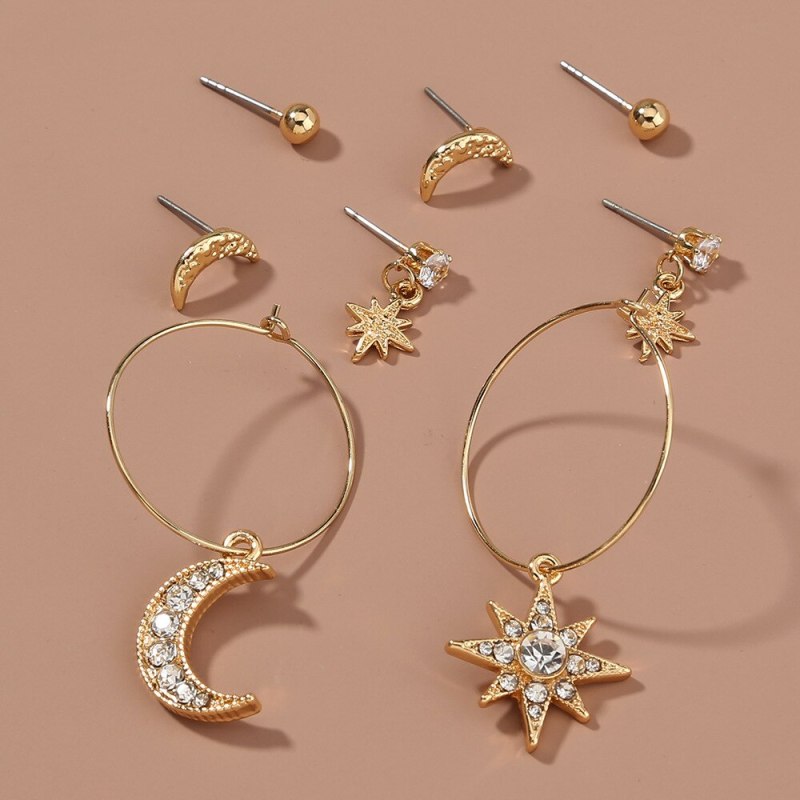 European and American Earrings Combination Set Earrings Simple Fashion Micro Rhinestone Star and Moon Earrings