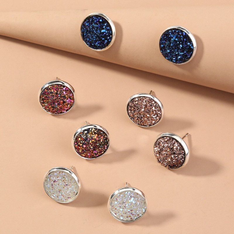 Japanese and Korean Ins Resin Simple Wild Earrings Special Interest Light Luxury round Colorful Vug 4-Piece Set Ear Studs