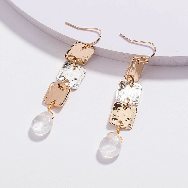 European and American Popular Ornament Metal Square Long and Simple All-Match Transparent Crystal Pendant Earrings