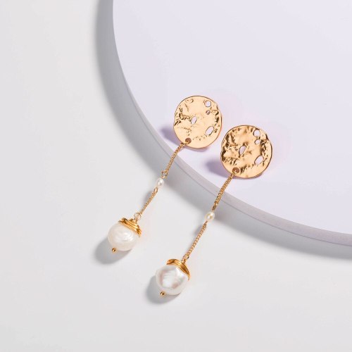 European and American Long Fringe Earrings Special-Shaped Metal round Brand Personality Natural Freshwater Pearl Ear Studs