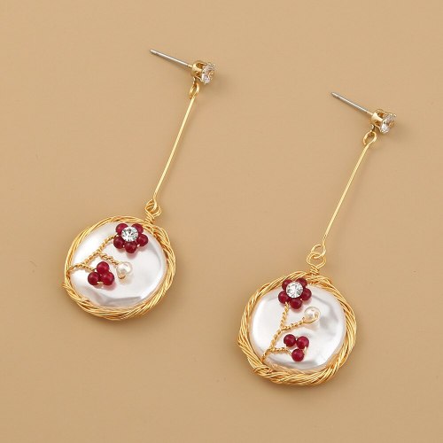 European and American New Handmade Winding Natural Stone Flower round Pendant Long Tassel Red Show White Earrings