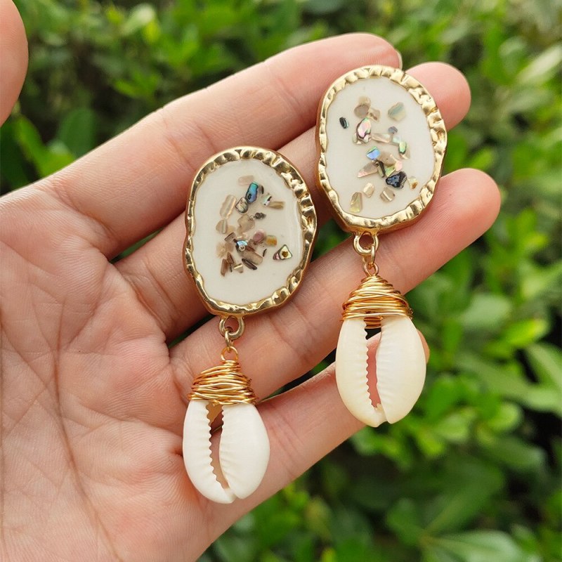 European and American New Creative Ornament White Dripping Oil Color Shell Earrings Hand-Woven Natural Shell Female Earrings