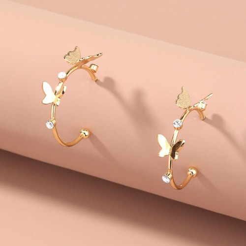 European and American Hot-Selling Ornament C- Shaped Exaggerated Glossy Butterfly Rhinestone Earrings Fashion Jewelry Earrings