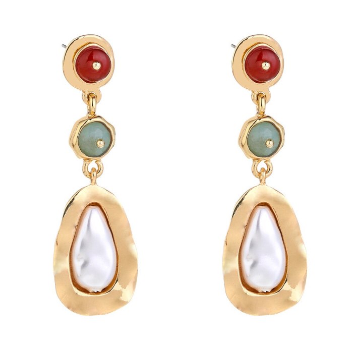 European and American Retro and Fashion All-Matching Earrings Design Contrast Color Long Water Drop Agate Women's Earrings