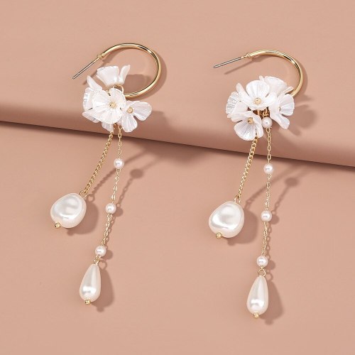 New Baroque Pearl Women's Earrings Flower Cluster Tassel Long Fresh Artistic C- Shaped Ear Hook Earrings