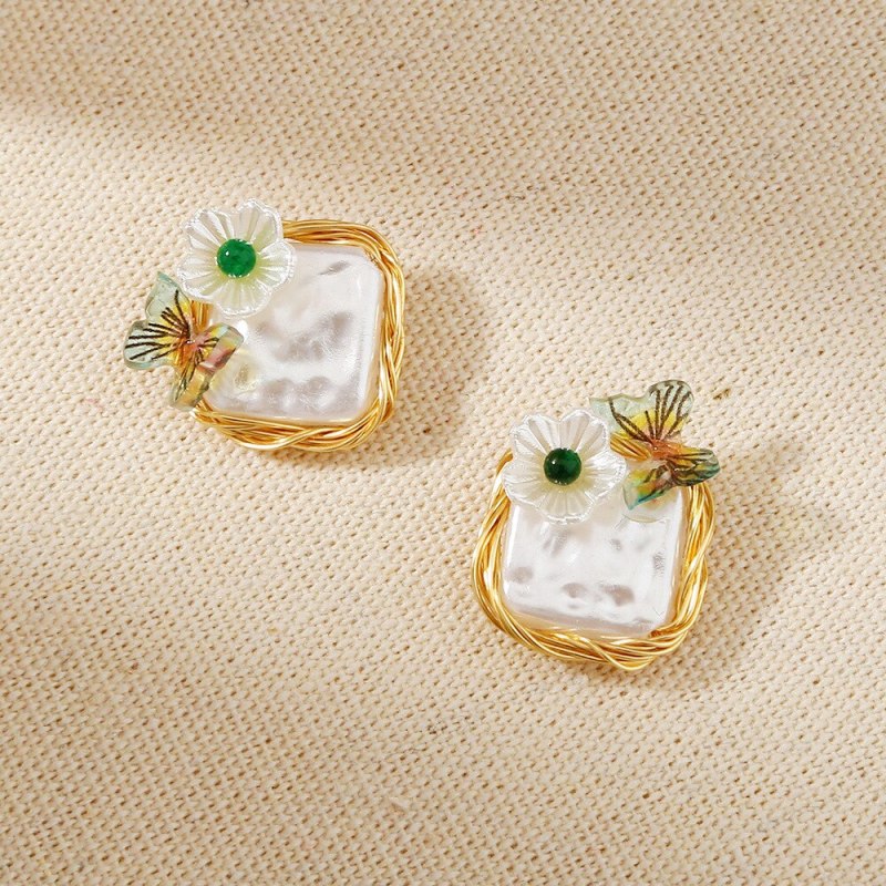 S925 Handmade Winding Baroque Imitation Pearl Earrings Fresh All-Match Ins Small Butterfly Flower Earrings