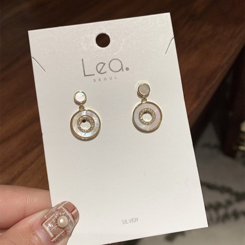 Korean Style Micro-Inlaid Circle Shell Earrings 925 Silver Needle Series 18K Gold-Plated Inlaid Multi-Zircon Earrings for Women