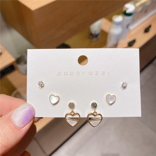 Three-Piece Gold-Plated Zircon Series Korean Style Temperament Heart-Shaped Earrings 925 Silver Needle All-Match Earrings