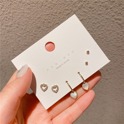 Gold-Plated Set Korean Style Sterling Silver Needle Shell Love Heart Earrings Inlaid Fashion Zircon Earrings