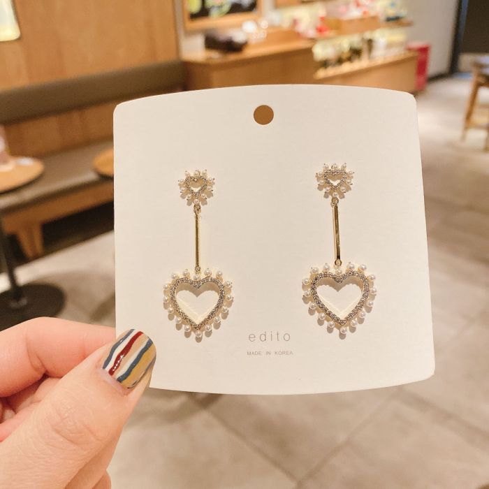 Korean 925 Silver Needle Heart Auricular Needle Tassel Heart Pearl Earrings Internet Celebrity Zircon Ear Clip
