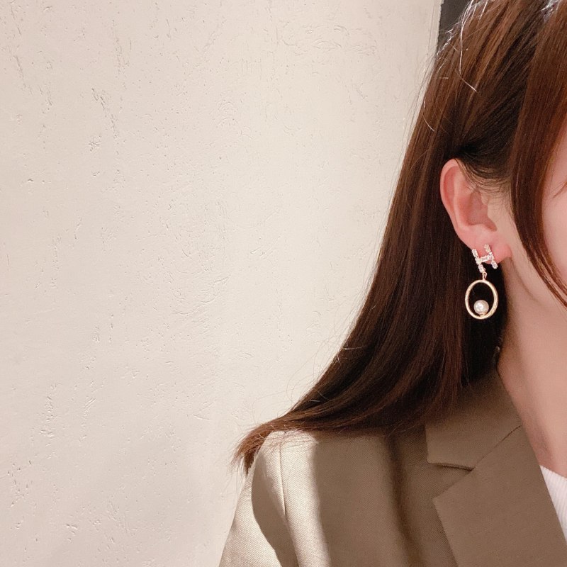 New H-Letter Zircon Earrings Women's Korean-Style Sterling Silver Needle Elegant Circle and Pearl Earrings