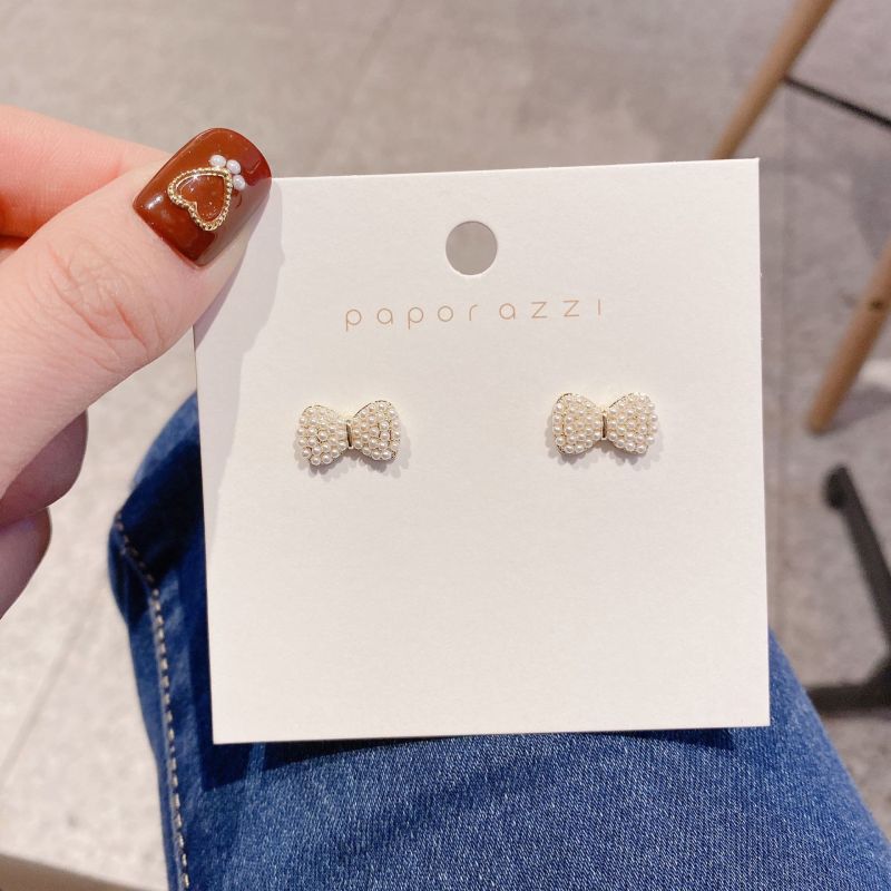 Korean Style Cute Bow Full Pearl Girl Silver Needle Elegant Ear Studs Internet Celebrity Earring with Same Kind Fashion