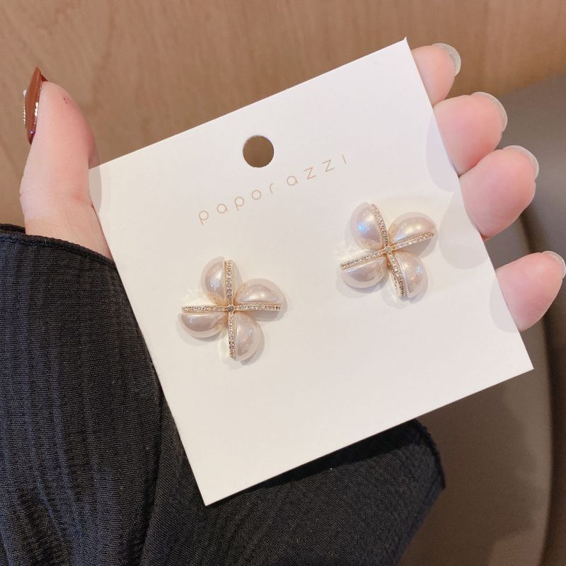 Pearl Zircon Personality Windmill Silver Stud Earrings Temperament Girlfriends New Year Earrings Internet Influencer Earrings