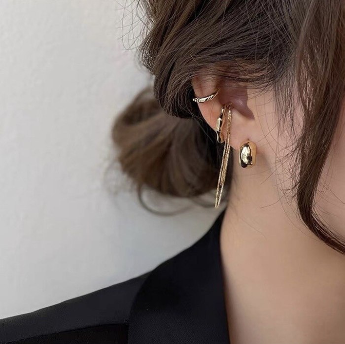 INS Internet Celebrity Same Geometric Sterling Silver Needle Ear Ring Tassel Ear Clip Set Cold Style Multi-Wear Earrings